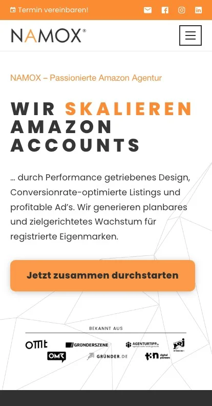 Die Startseite der Webseite von Namox in der mobilen Ansicht