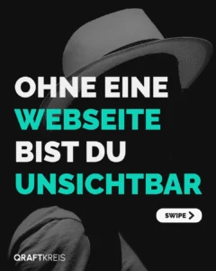 Social Media Post mit dem groß geschriebenen Titel "Ohne eine Webseite bist du unsichtbar" und einer Person im Hintergrund, die im Dunkeln steht und einen Hut trägt